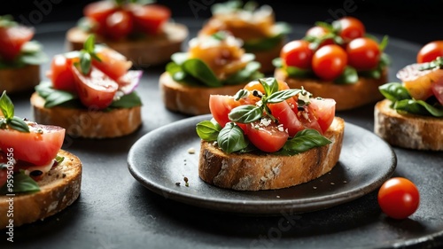 italian appetizers dish bruschetta isolated on an aesthetic plating, concept for advertisement background