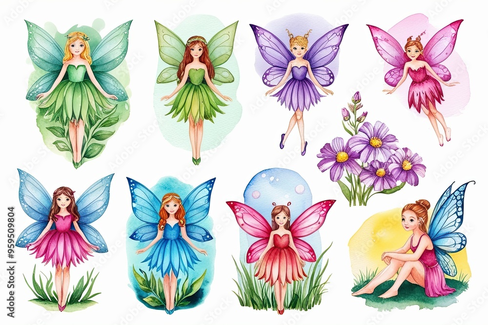 Fototapeta premium Dreamy Fairy Watercolor Illustrations Collection for Youthful Fantasy