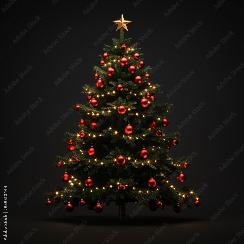 3D-rendered Christmas tree decorated with red ornaments and lights, with a star on top, on a dark background, front view 3D-rendered Christmas tree decorated with red ornaments and lights, with a star on top, on a dark background, front view
