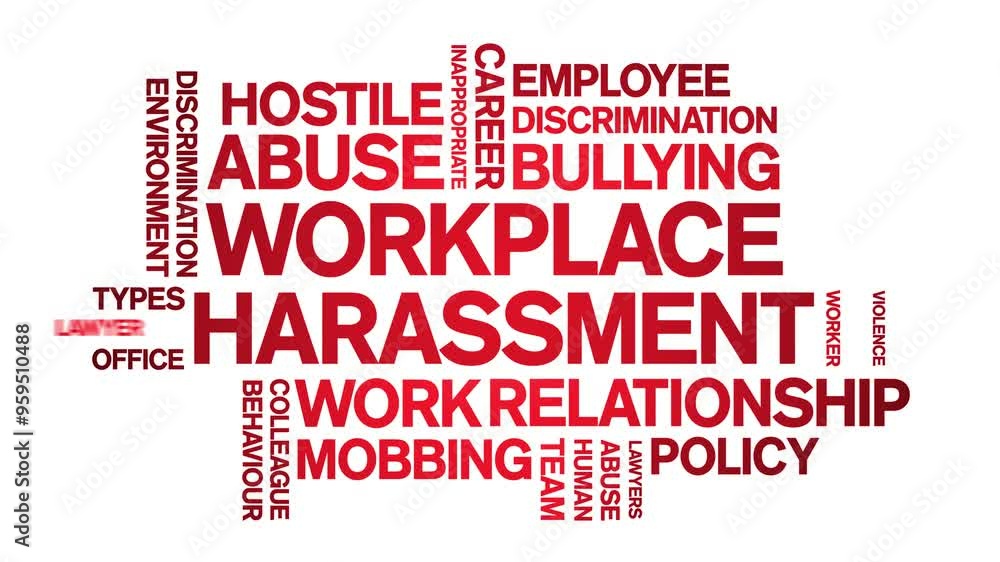 Workplace Harassment animated word cloud;text design animation tag kinetic typography seamless loop.