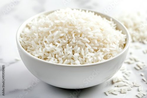 A bowl filled with uncooked white rice, showcasing its texture and appearance.