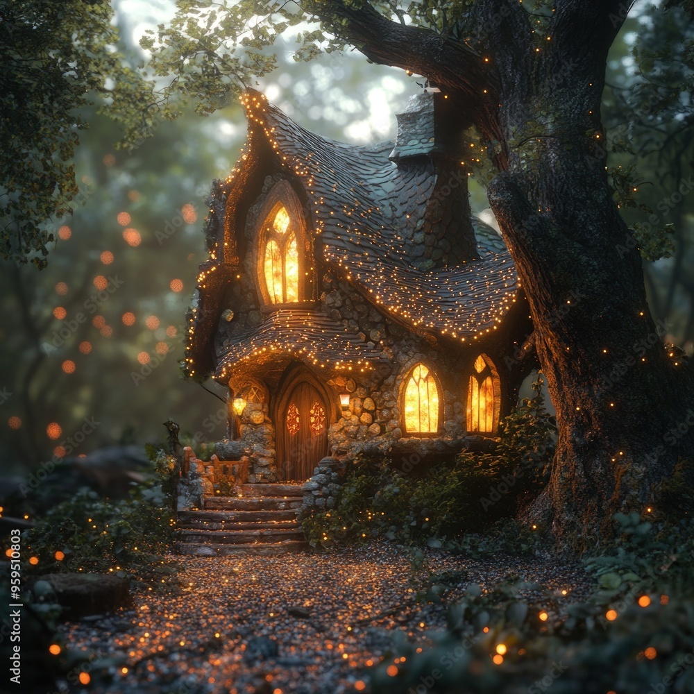 Fototapeta premium A charming stone cottage nestled in a lush forest, illuminated by warm lights.