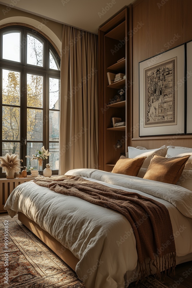 Inviting bedroom featuring warm autumn light, neutral-toned bedding, and elegant decor including plants and artwork. Inviting bedroom featuring warm autumn light, neutral-toned bedding, and elegant decor including plants and artwork.