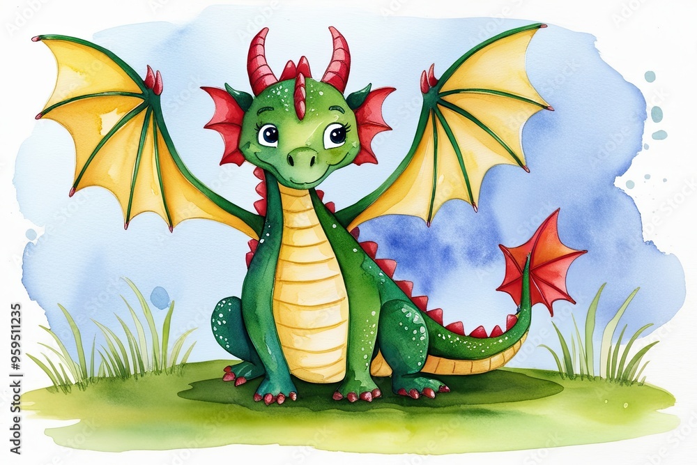 Fototapeta premium Charming Watercolor Dragon Artwork for Children's Room Decor