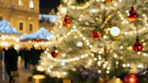 People Enjoying a Christmas Market in Vienna with Holiday Lights