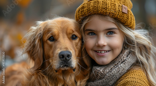 Golden Retriever and Girl in Autumn Colors - Realistic Image