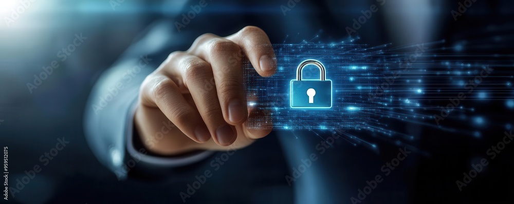 Fototapeta premium Close-up of a businessman s hand on a virtual padlock, symbolizing control over sensitive information in the digital world