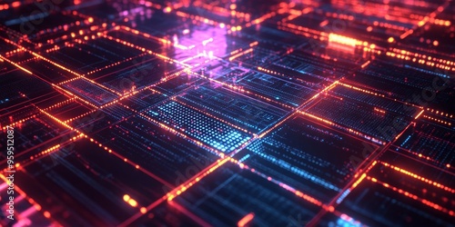 Illuminated security grid guards encrypted data, layered defenses surround. Copy space provided.