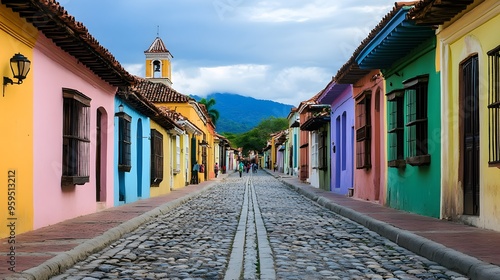 Fototapeta Naklejka Na Ścianę i Meble -  A scenic town with cobblestone streets and colorful, uniquely designed buildings creating a vibrant atmosphere