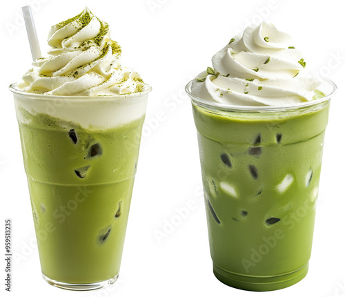 Refreshing Iced Matcha Green Tea Latte With Whip Cream, PNG