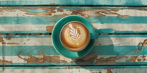 Aesthetic latte art displayed in a teal cup resting on a striped wooden surface, seen from above. photo