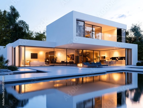 Modern house with swimming pool and patio furniture.