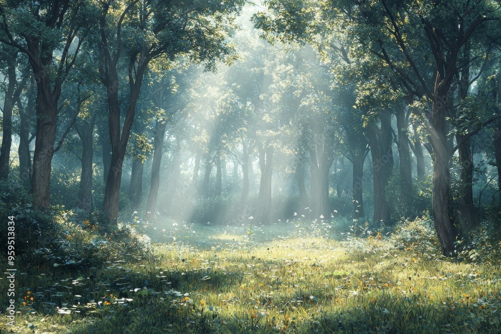 Obraz premium Forest clearing with sunlight filtering through trees