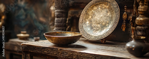 A beautifully arranged ceremonial space featuring a large Tibetan bowl, an ornate gong, lit candles, and various spiritual artifacts photo