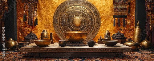 A beautifully arranged ceremonial space featuring a large Tibetan bowl, an ornate gong, lit candles, and various spiritual artifacts photo