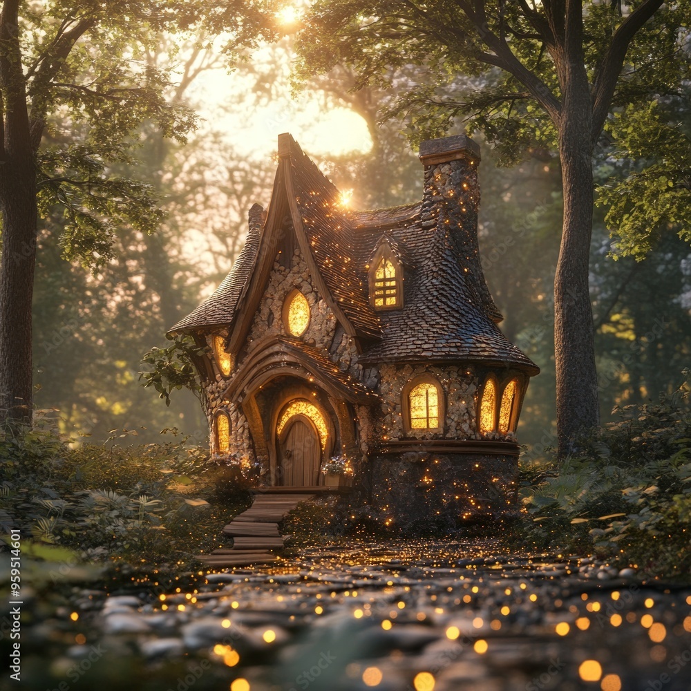 Fototapeta premium A whimsical cottage nestled in a lush forest with glowing lights, casting a magical ambiance.
