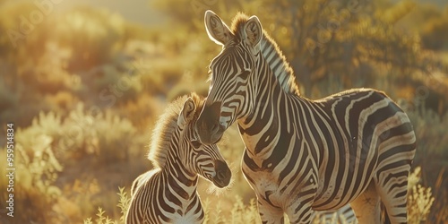 Young zebra with its mother in a savanna setting.