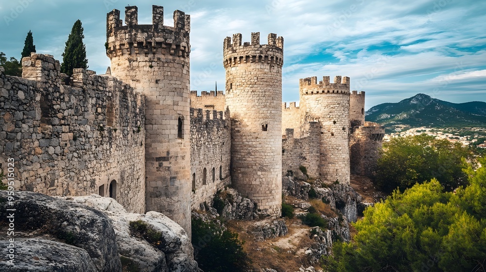 Majestic Medieval Castle with Towering Stone Turrets and Fortified Walls Majestic Medieval Castle with Towering Stone Turrets and Fortified Walls