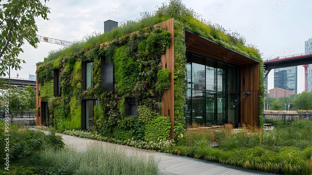 Obraz premium Sustainable Eco-Friendly Building with Lush Rooftop Gardens and Green Walls