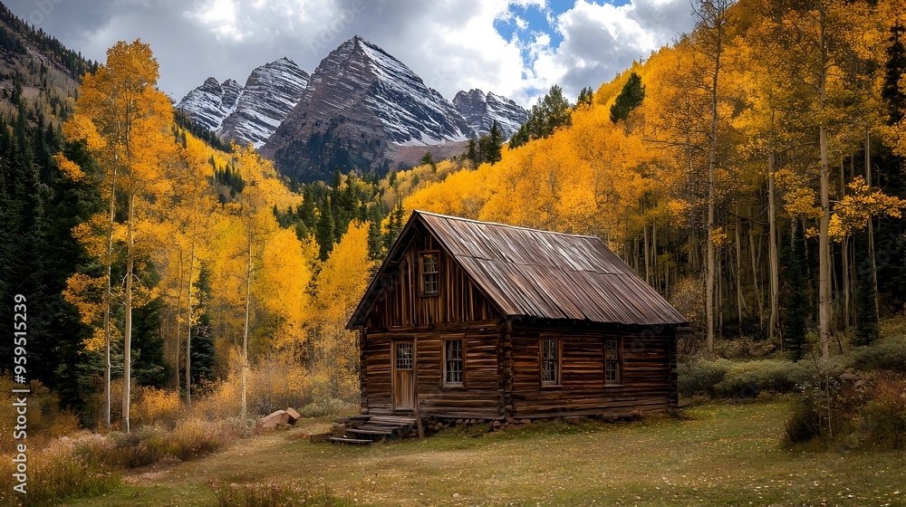 Rustic Wooden Cabin Nestled in Majestic Mountain Landscape Rustic Wooden Cabin Nestled in Majestic Mountain Landscape