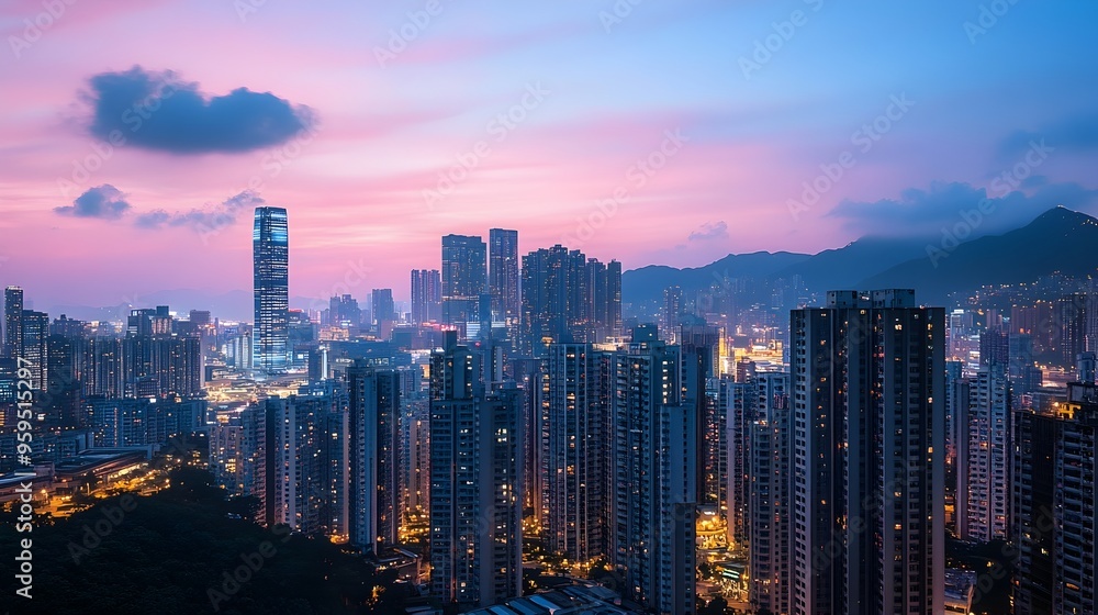 Dusk-Lit Urban Skyline with Illuminated High-Rise Buildings Dusk-Lit Urban Skyline with Illuminated High-Rise Buildings