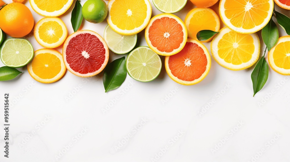 Fresh Citrus Fruits with Green Leaves on White Marble Background Fresh Citrus Fruits with Green Leaves on White Marble Background