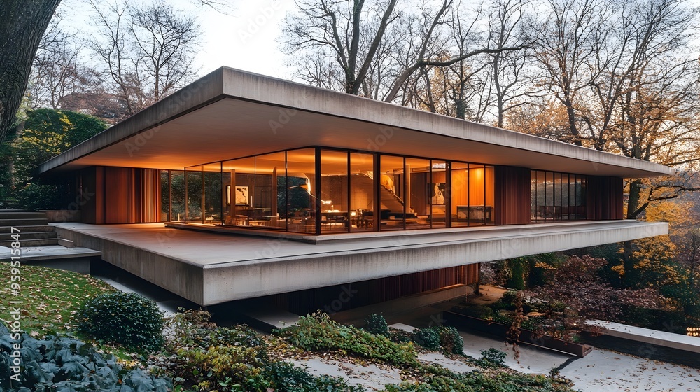 Modernist Building with Cantilevered Design and Open Floor Plan Modernist Building with Cantilevered Design and Open Floor Plan