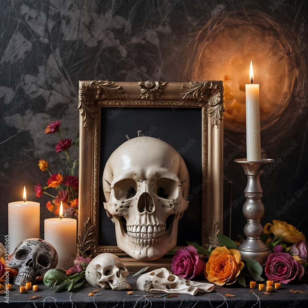 Altar with skull, flowers and candles as an offering for the Day of the Dead celebration with an empty photo frame, mockup, Halloween, copy space Altar with skull, flowers and candles as an offering for the Day of the Dead celebration with an empty photo frame, mockup, Halloween, copy space