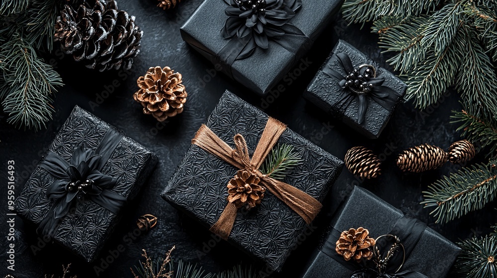Elegant black-wrapped Christmas gifts with pinecones and minimalist decor Elegant black-wrapped Christmas gifts with pinecones and minimalist decor