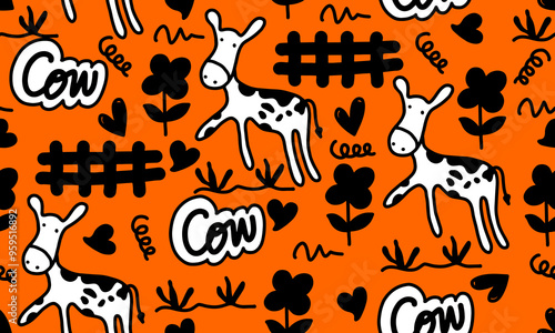 seamless pattern cartoon cow and flower. cute animal wallpaper for textile, gift wrap paper. Farm animals. Logotype. 
