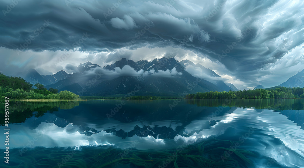 Fototapeta premium Mountain Lake with Stormy Sky Realistic Image
