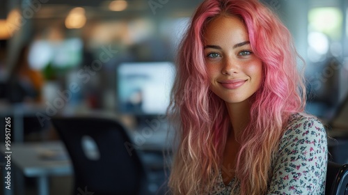 Portrait of a Smiling Woman with Pink Hair