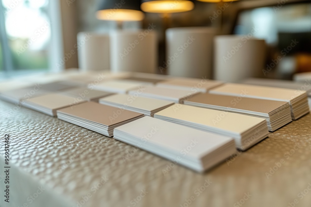 Close-up of neutral paint color samples arranged on a textured desk, with modern office lighting overhead Close-up of neutral paint color samples arranged on a textured desk, with modern office lighting overhead