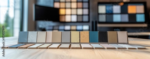 Close-up of color samples in muted tones on a modern desk with computer monitors in the background photo