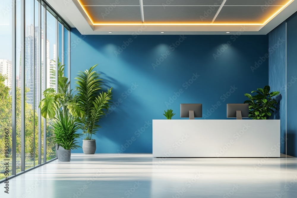 Modern office reception with blue wall, white counter, potted plants and city view. Modern office reception with blue wall, white counter, potted plants and city view.