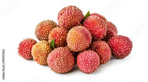 A cluster of lychees with their vibrant skin and juicy flesh, isolated on white