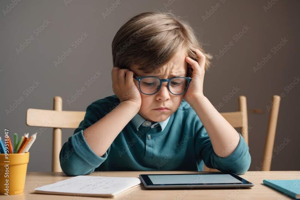 Frustrated boy studying with glasses at desk