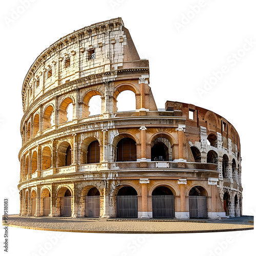 Ancient Roman Colosseum with arches and stone facade, isolated on transparent background.
