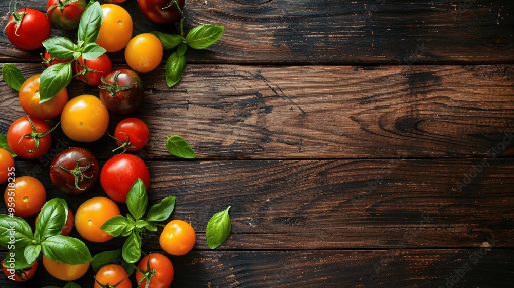 Fresh Tomatoes and Basil on Rustic Wooden Background Fresh Tomatoes and Basil on Rustic Wooden Background