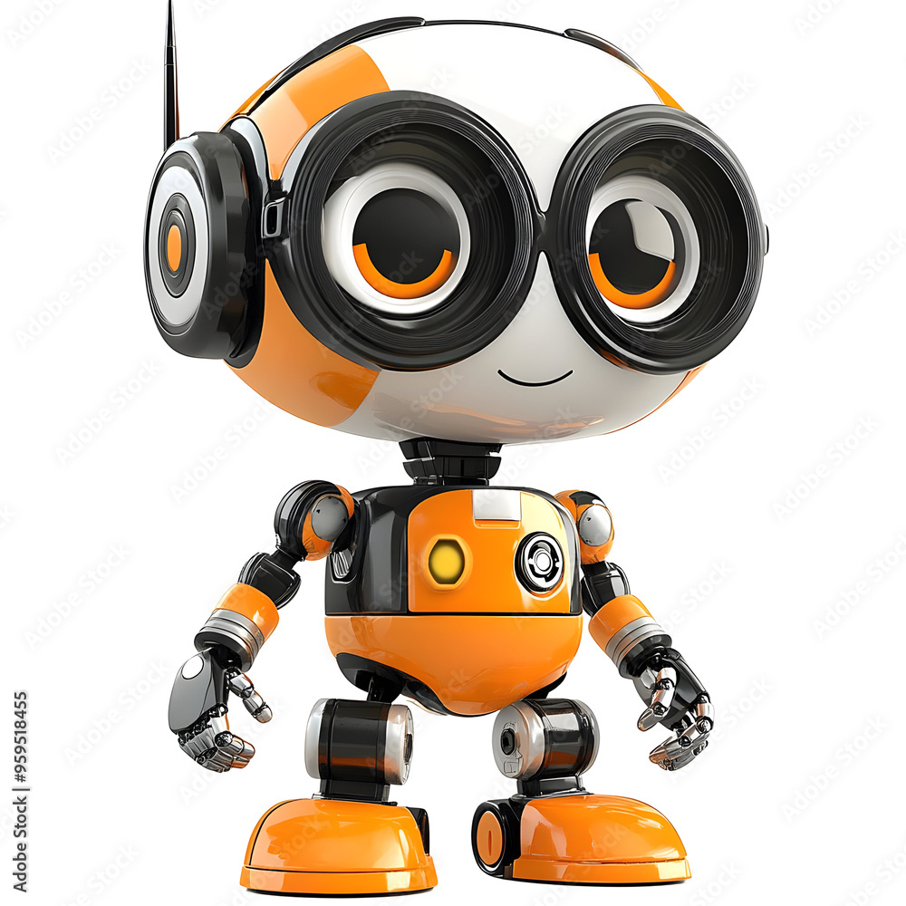 Friendly orange and black robot with big eyes and an antenna standing on a transparent background. Friendly orange and black robot with big eyes and an antenna standing on a transparent background.