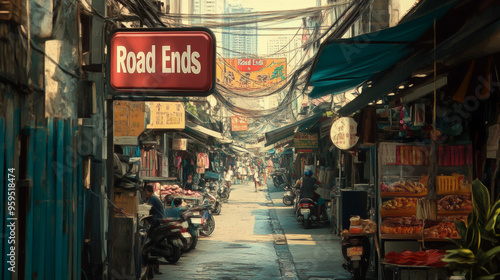 Wallpaper Mural A "Road Ends" sign on a narrow lane in Bangkok's Chinatown, with bustling street vendors and neon signs in the distance Torontodigital.ca