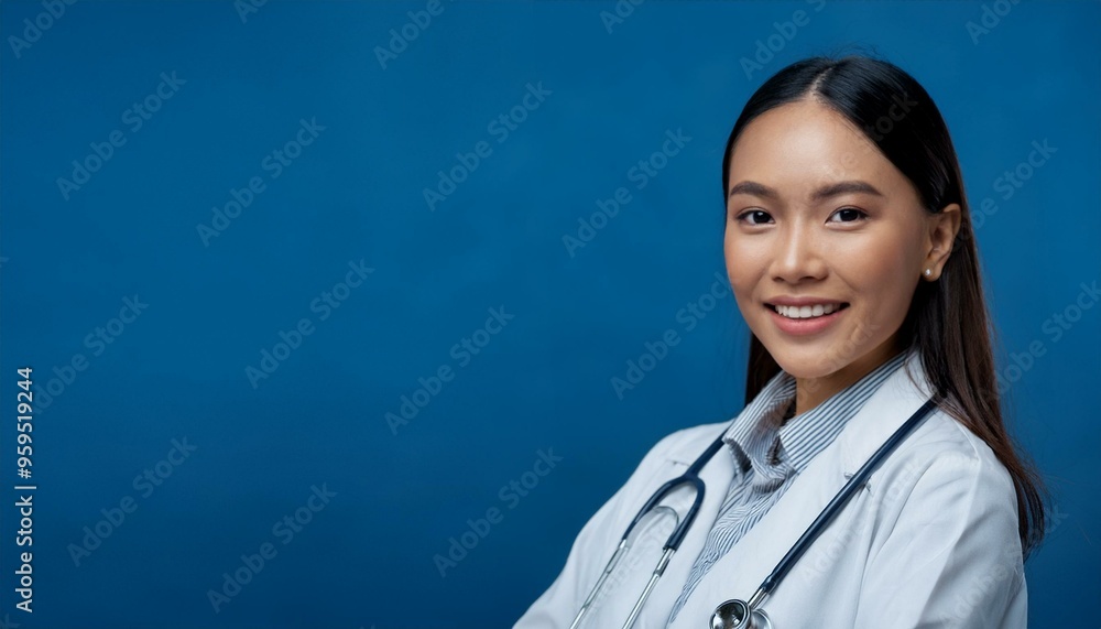 confident female doctor with a warm smile. She is dressed in a white lab coat with a stethoscope draped around her neck, representing professionalism and healthcare, medical care, trust, healthcare confident female doctor with a warm smile. She is dressed in a white lab coat with a stethoscope draped around her neck, representing professionalism and healthcare, medical care, trust, healthcare