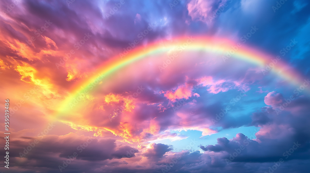 Rainbow arching across a cloudy sky after a rainstorm, colorful weather phenomenon Rainbow arching across a cloudy sky after a rainstorm, colorful weather phenomenon