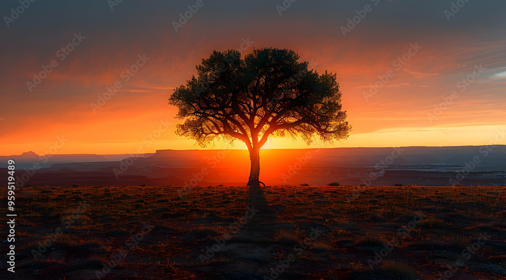 Fototapeta premium Sunset Landscape with Silhouetted Tree