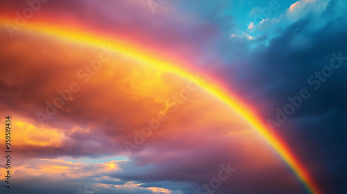 Rainbow arching across a cloudy sky after a rainstorm, colorful weather phenomenon