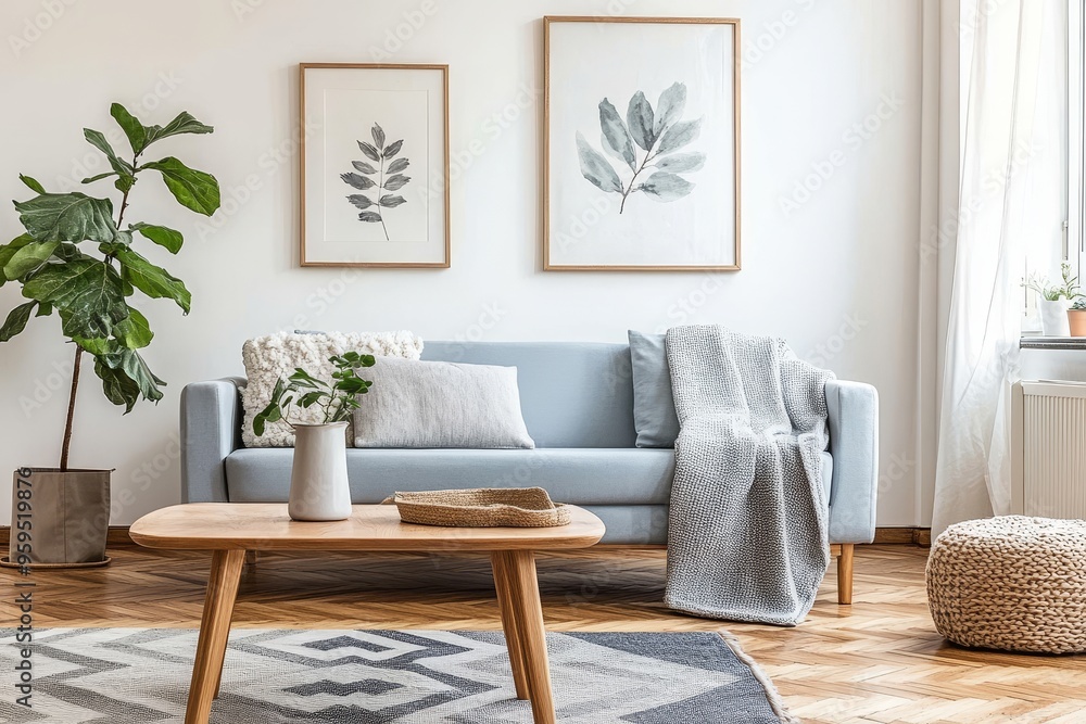 A light blue sofa with a throw blanket in a living room with wooden floors, a coffee table and a woven pouf. A light blue sofa with a throw blanket in a living room with wooden floors, a coffee table and a woven pouf.