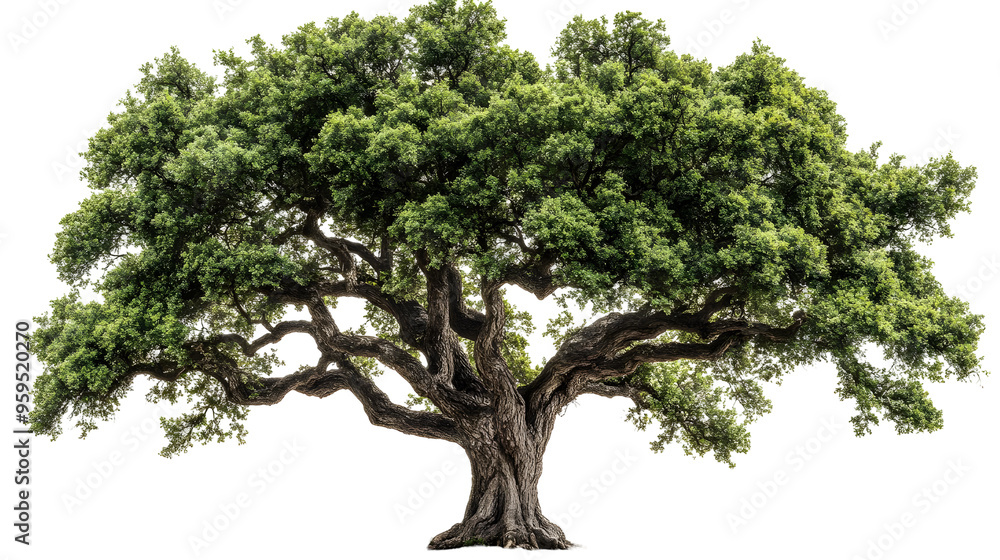 A large, mature oak tree with sprawling branches and a thick trunk isolated on a transparent background. A large, mature oak tree with sprawling branches and a thick trunk isolated on a transparent background.