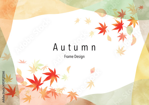 水彩　秋の紅葉の鮮やかなフレーム