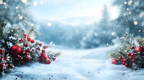 Serene snowy landscape with festive New Year s ornaments and a peaceful and cozy atmosphere with space for added text or copy photo