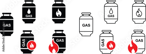 Set of Gas tank icons in black Flat, line styles. Lpg propane bottles vectors container. Gas cylinder canister fuel storage symbols isolated on transparent background. Petrol tank illustration sig